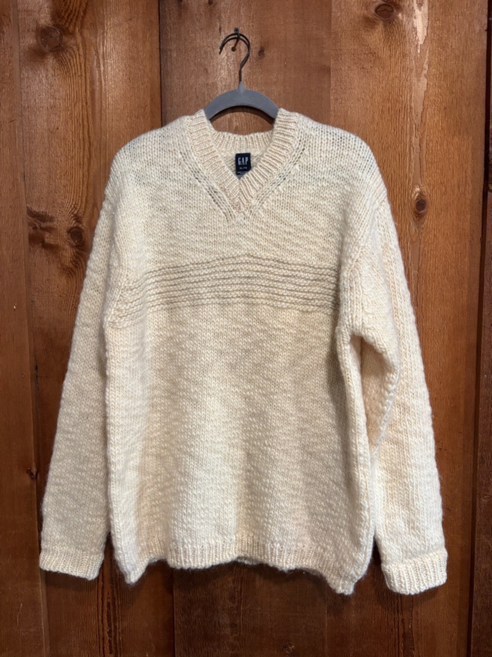 Vintage 90s GAP 100% Wool Heavy Chunky Hand Knit V-Neck Sweater Cream XL